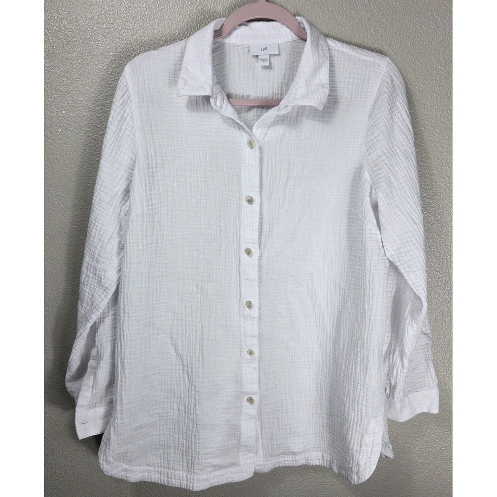 J. Jill White Gauze Cotton Button Front Shirt Women's Medium Textured...